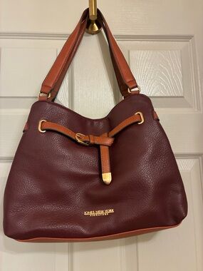 Jones New York Burgundy and Tan Leather Shoulder Tote